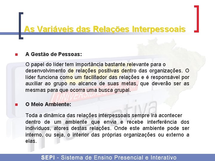 As Variáveis das Relações Interpessoais n A Gestão de Pessoas: O papel do líder