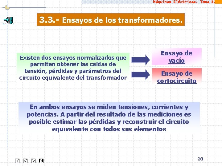 Máquinas Eléctricas. Tema 3. 3. - Ensayos de los transformadores. Existen dos ensayos normalizados