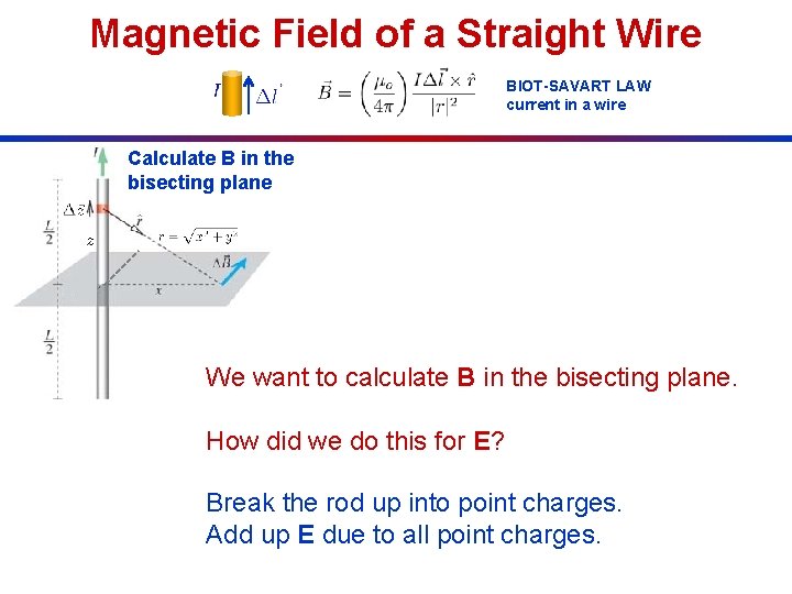 Magnetic Field of a Straight Wire BIOT-SAVART LAW current in a wire Calculate B