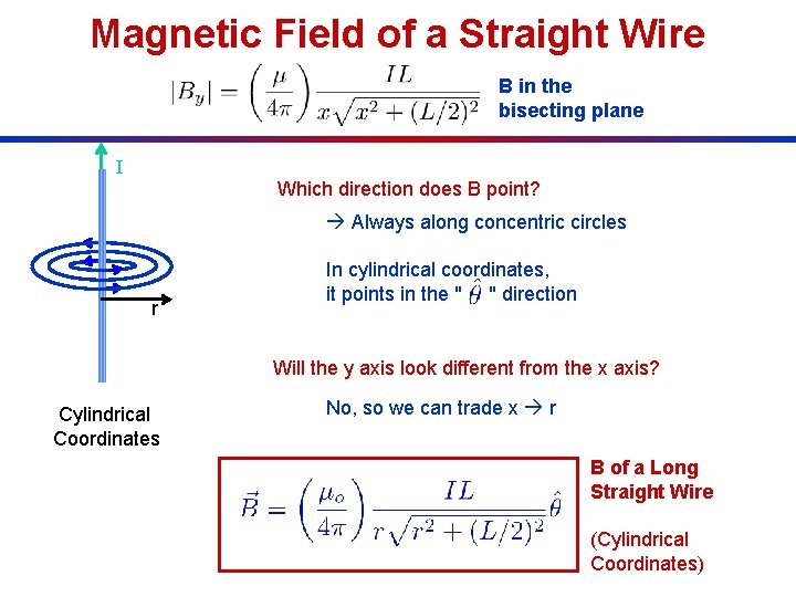 Magnetic Field of a Straight Wire B in the bisecting plane I Which direction