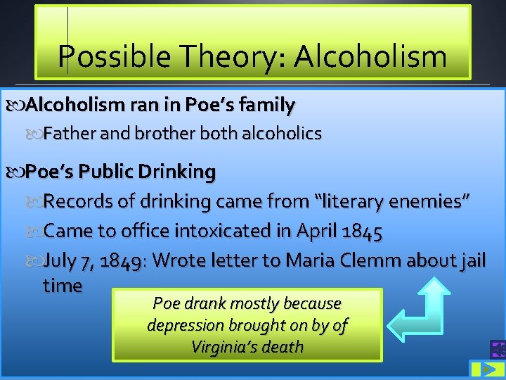 Possible Theory: Alcoholism ran in Poe’s family Father and brother both alcoholics Poe’s Public