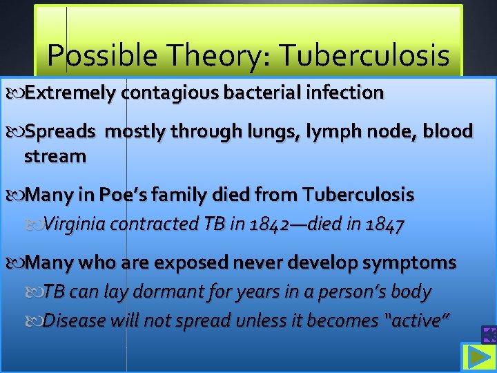 Possible Theory: Tuberculosis Extremely contagious bacterial infection Spreads mostly through lungs, lymph node, blood