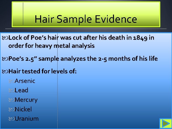 Hair Sample Evidence Lock of Poe’s hair was cut after his death in 1849