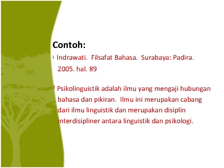 Contoh: 1 Indrawati. Filsafat Bahasa. Surabaya: Padira. 2005. hal. 89 2 Psikolinguistik adalah ilmu