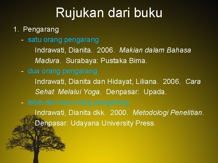 Rujukan dari buku 1. Pengarang - satu orang pengarang Indrawati, Dianita. 2006. Makian dalam