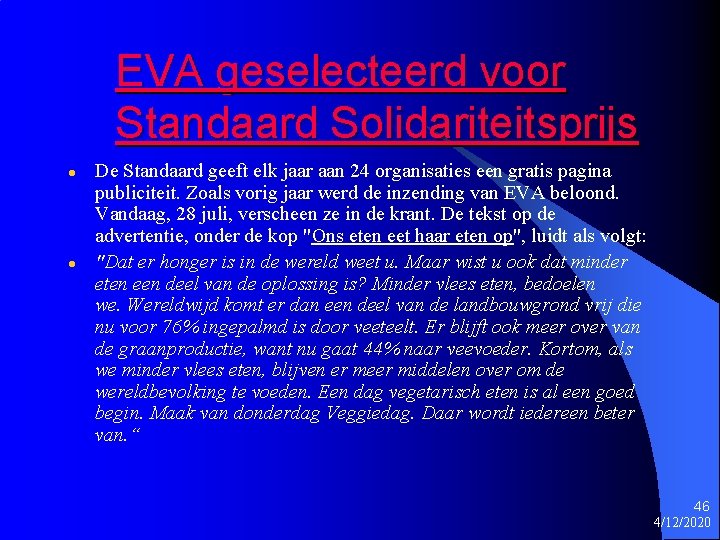 EVA geselecteerd voor Standaard Solidariteitsprijs l l De Standaard geeft elk jaar aan 24