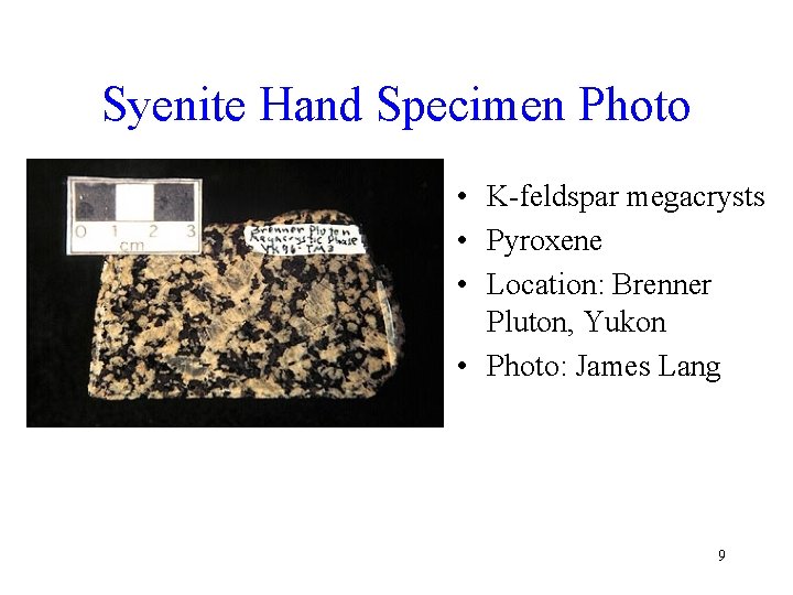 Syenite Hand Specimen Photo • K-feldspar megacrysts • Pyroxene • Location: Brenner Pluton, Yukon