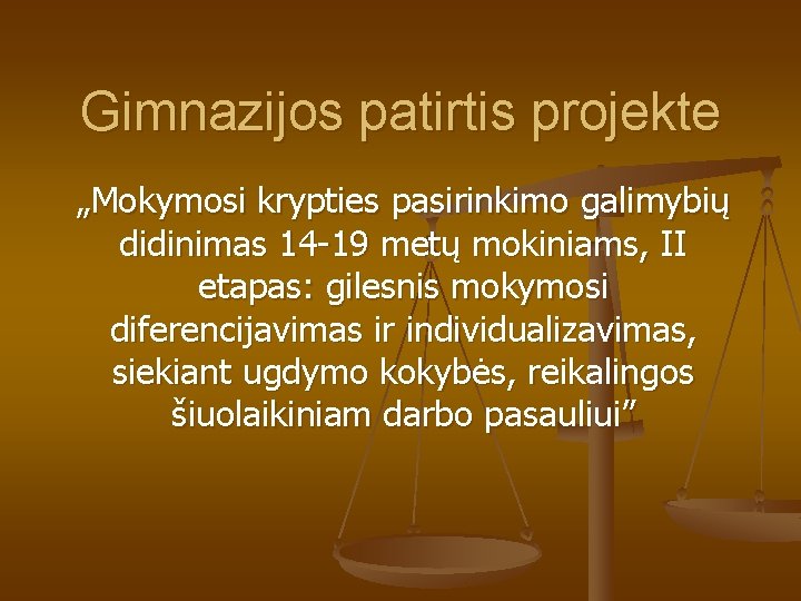 Gimnazijos patirtis projekte „Mokymosi krypties pasirinkimo galimybių didinimas 14 -19 metų mokiniams, II etapas: