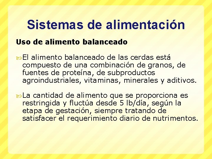 Sistemas de alimentación Uso de alimento balanceado El alimento balanceado de las cerdas está