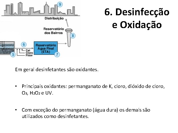 6. Desinfecção e Oxidação Em geral desinfetantes são oxidantes. • Principais oxidantes: permanganato de