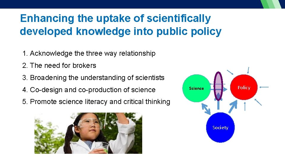 Enhancing the uptake of scientifically developed knowledge into public policy 1. Acknowledge three way