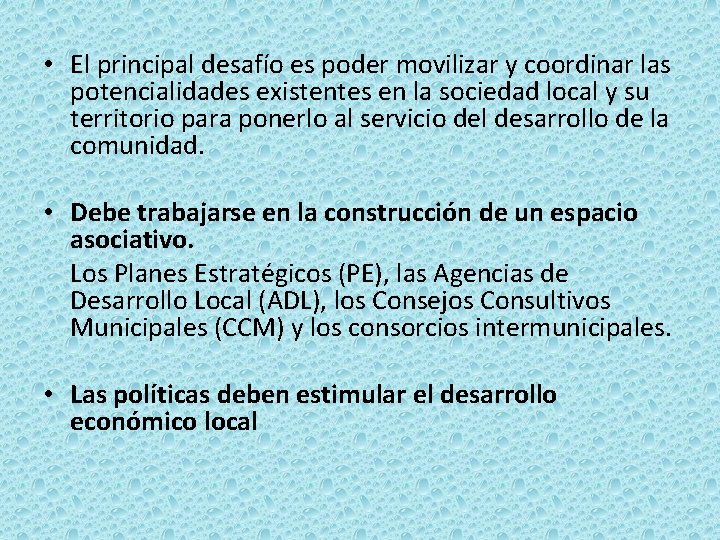  • El principal desafío es poder movilizar y coordinar las potencialidades existentes en