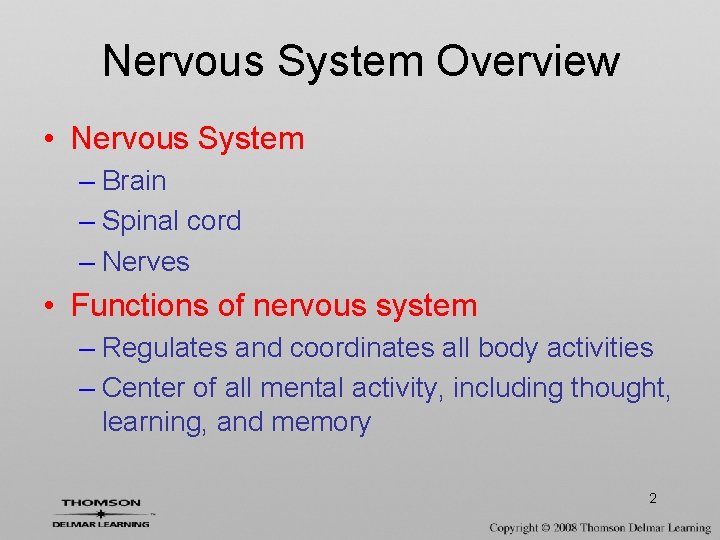 Nervous System Overview • Nervous System – Brain – Spinal cord – Nerves •