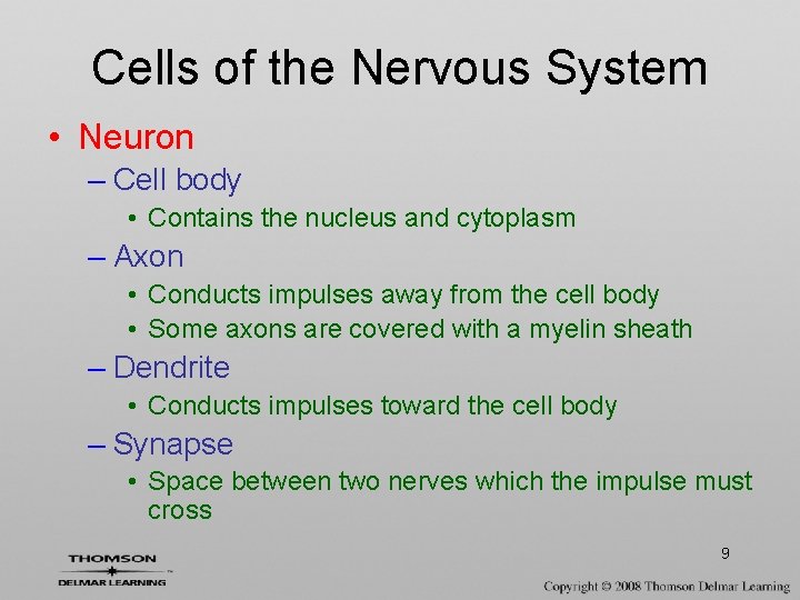 Cells of the Nervous System • Neuron – Cell body • Contains the nucleus