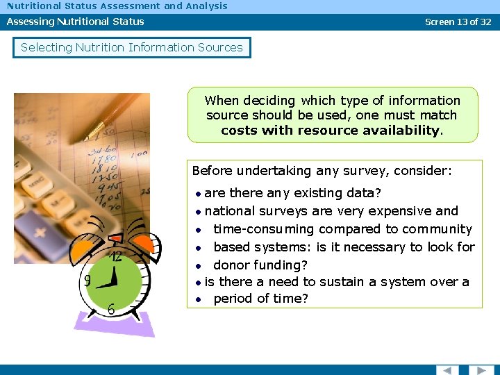 Nutritional Status Assessment and Analysis Assessing Nutritional Status Screen 13 of 32 Selecting Nutrition