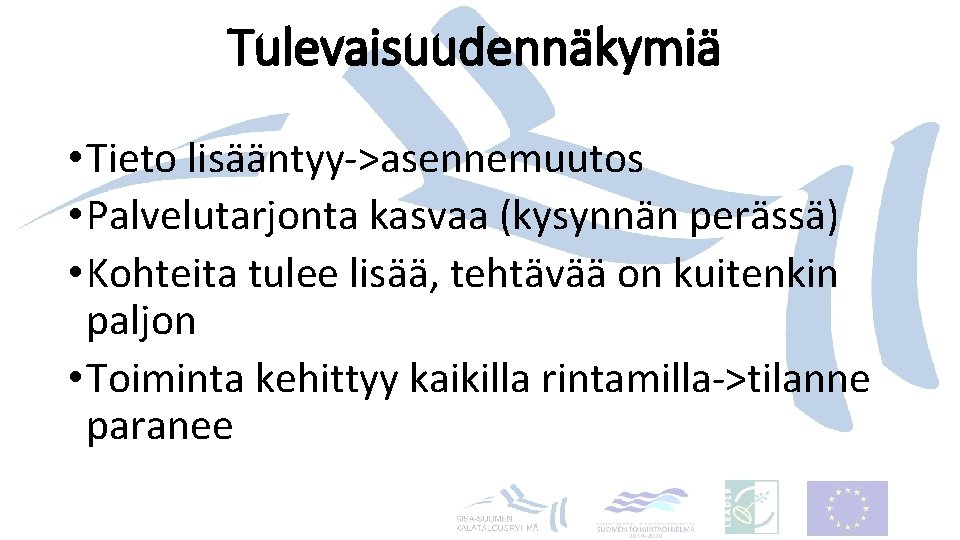 Tulevaisuudennäkymiä • Tieto lisääntyy->asennemuutos • Palvelutarjonta kasvaa (kysynnän perässä) • Kohteita tulee lisää, tehtävää