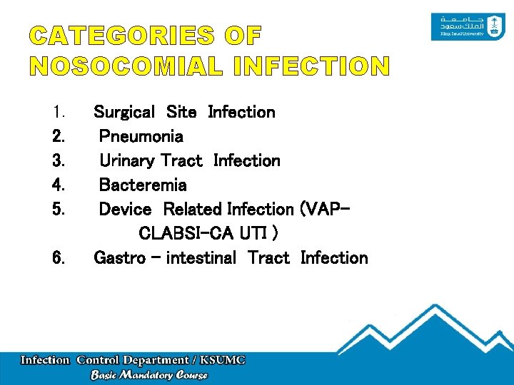 CATEGORIES OF NOSOCOMIAL INFECTION 1. 2. 3. 4. 5. 6. Surgical Site Infection Pneumonia