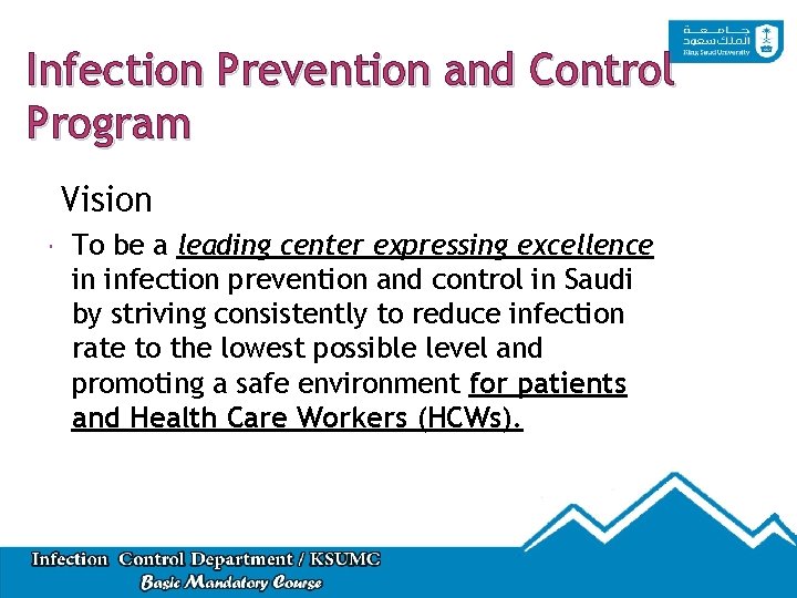 Infection Prevention and Control Program Vision To be a leading center expressing excellence in