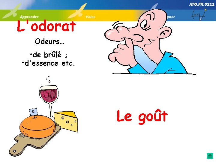 L'odorat Odeurs… • de brûlé ; • d'essence etc. Le goût 