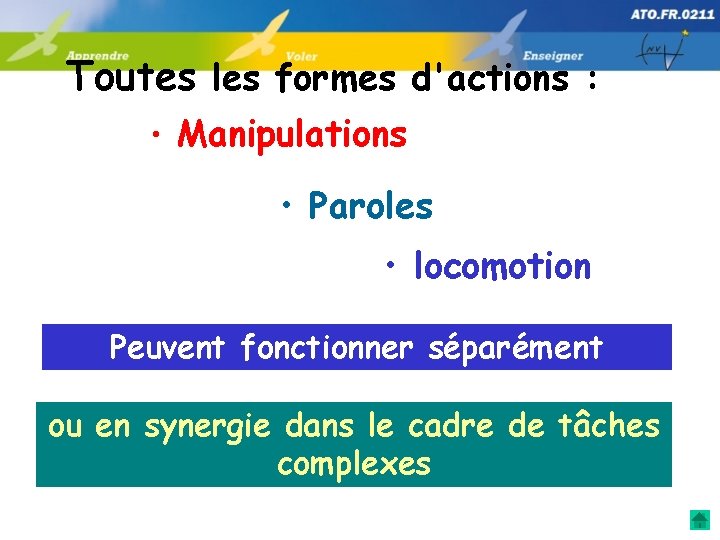 Toutes les formes d'actions : • Manipulations • Paroles • locomotion Peuvent fonctionner séparément