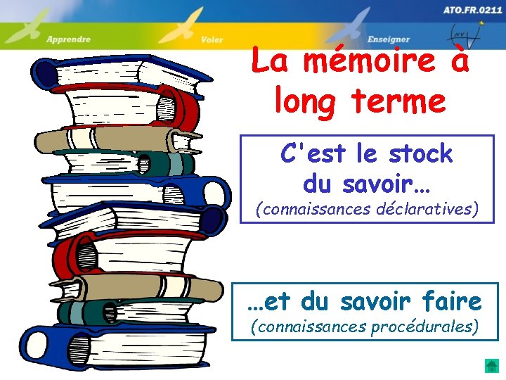 La mémoire à long terme C'est le stock du savoir… (connaissances déclaratives) …et du