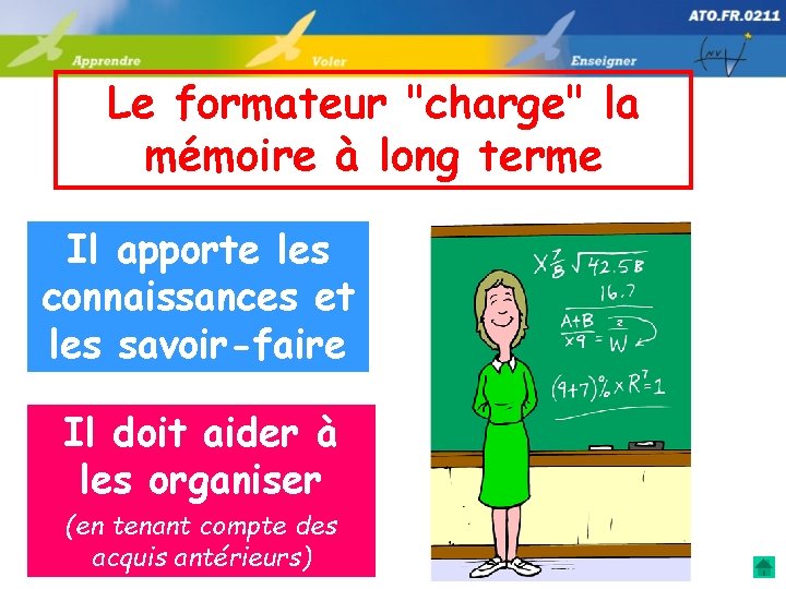 Le formateur "charge" la mémoire à long terme Il apporte les connaissances et les