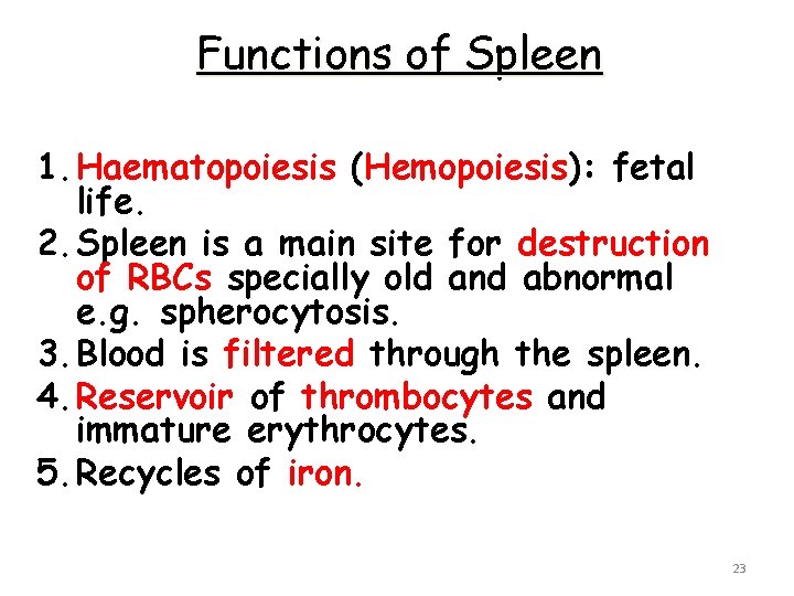 Functions of Spleen 1. Haematopoiesis (Hemopoiesis): fetal life. 2. Spleen is a main site