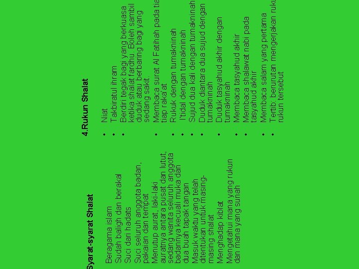 Beragama islam Sudah baligh dan berakal Suci dari hadats Suci seluruh anggota badan, pakaian