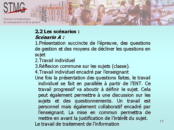 2. 2 Les scénarios : Scénario A : 1. Présentation succincte de l’épreuve, des