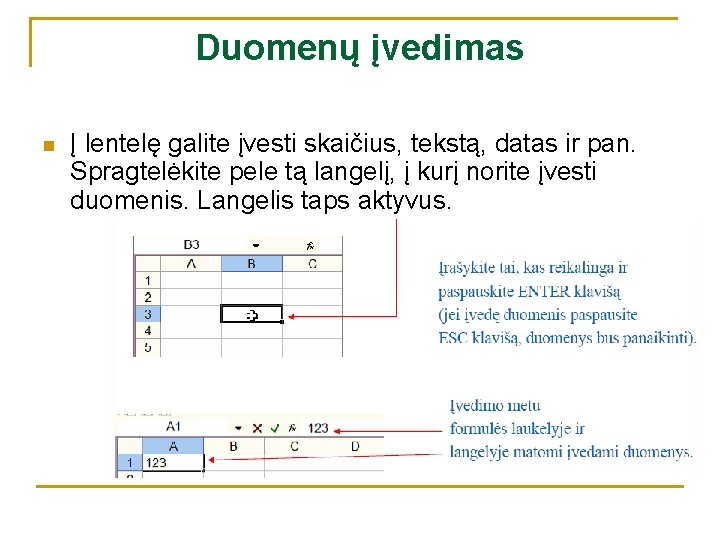 Duomenų įvedimas n Į lentelę galite įvesti skaičius, tekstą, datas ir pan. Spragtelėkite pele