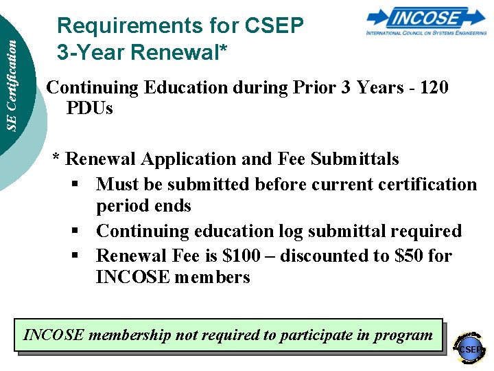 SE Certification Requirements for CSEP 3 -Year Renewal* Continuing Education during Prior 3 Years