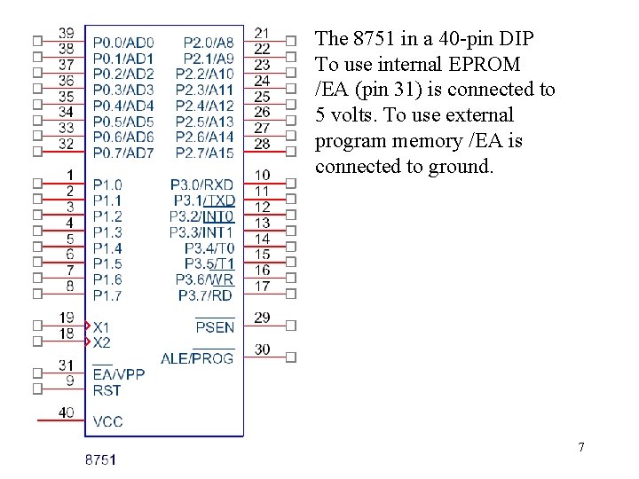 The 8751 in a 40 -pin DIP To use internal EPROM /EA (pin 31)
