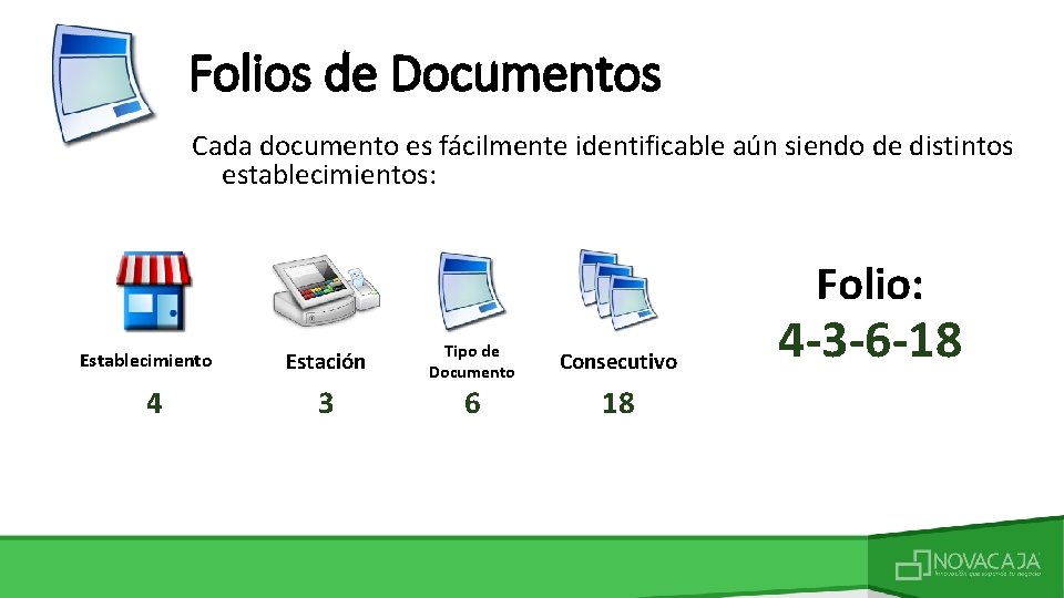 Folios de Documentos Cada documento es fácilmente identificable aún siendo de distintos establecimientos: Folio: