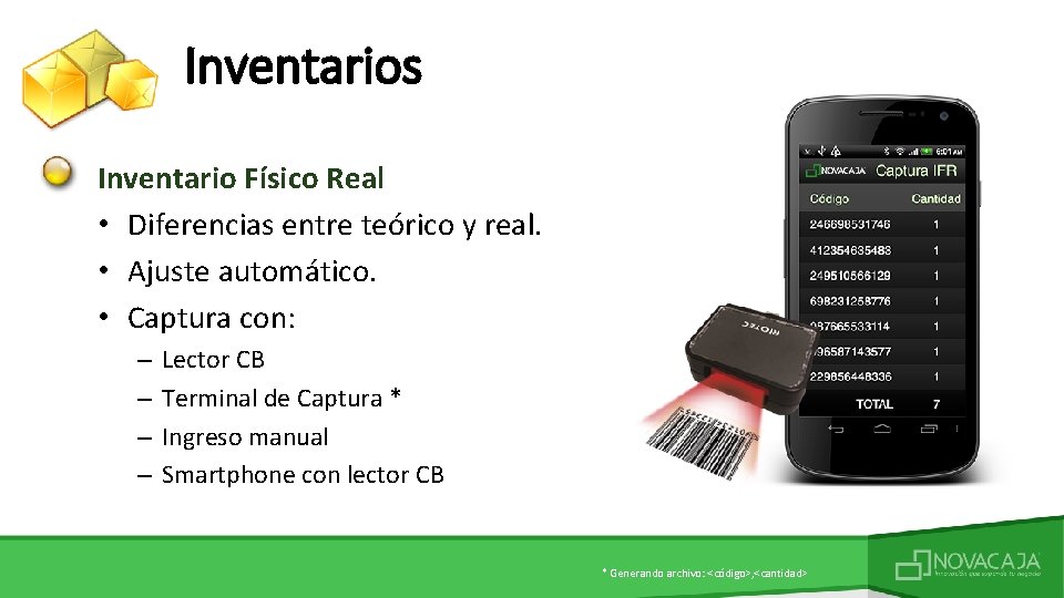 Inventarios Inventario Físico Real • Diferencias entre teórico y real. • Ajuste automático. •