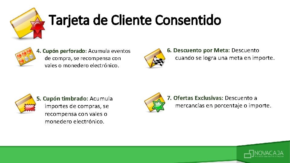 Tarjeta de Cliente Consentido 4. Cupón perforado: Acumula eventos de compra, se recompensa con