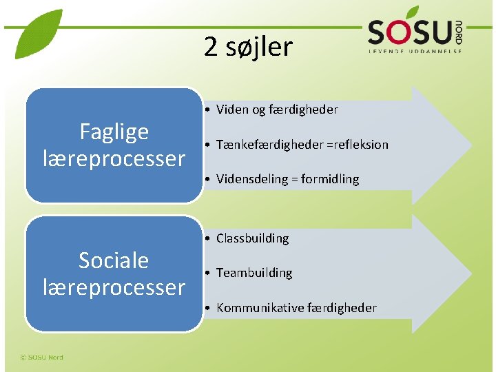 2 søjler Faglige læreprocesser Sociale læreprocesser • Viden og færdigheder • Tænkefærdigheder =refleksion •