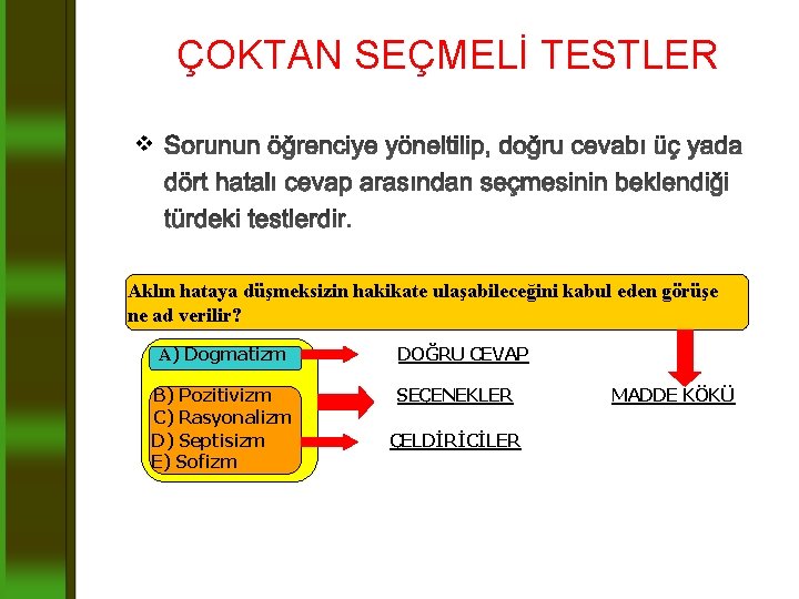 ÇOKTAN SEÇMELİ TESTLER v Aklın hataya düşmeksizin hakikate ulaşabileceğini kabul eden görüşe ne ad