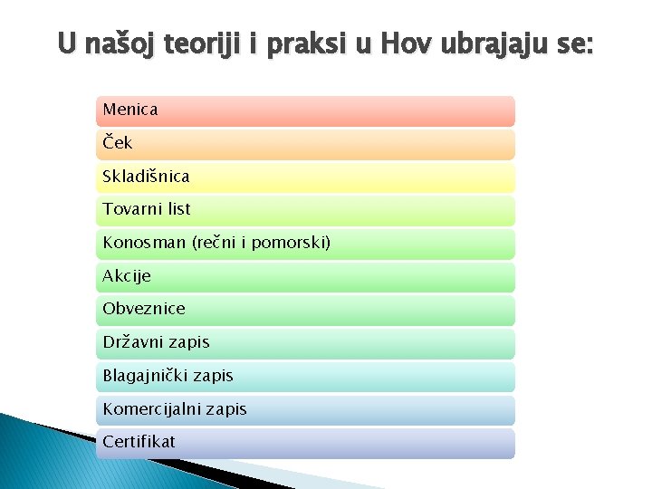 U našoj teoriji i praksi u Hov ubrajaju se: Menica Ček Skladišnica Tovarni list