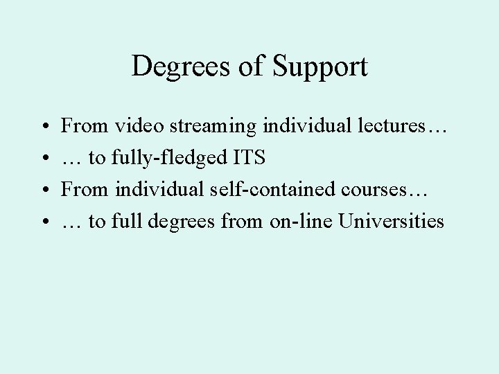 Degrees of Support • • From video streaming individual lectures… … to fully-fledged ITS