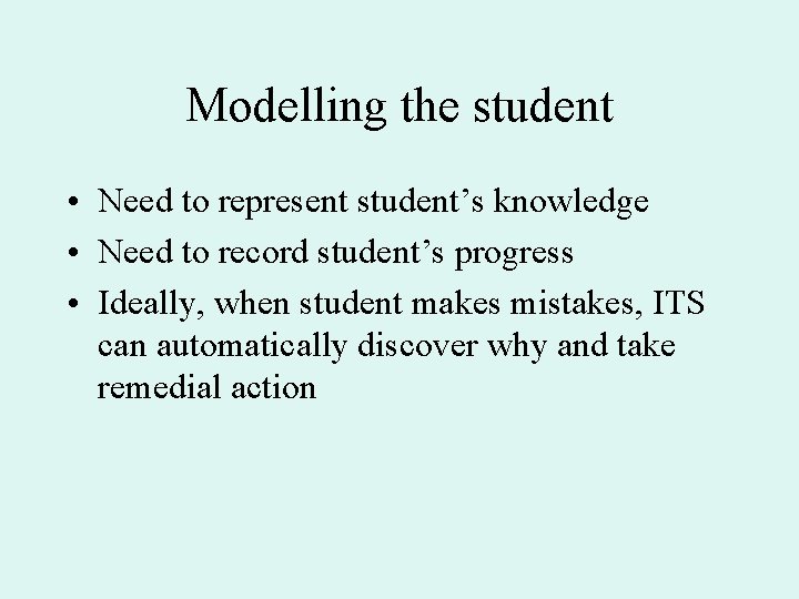 Modelling the student • Need to represent student’s knowledge • Need to record student’s