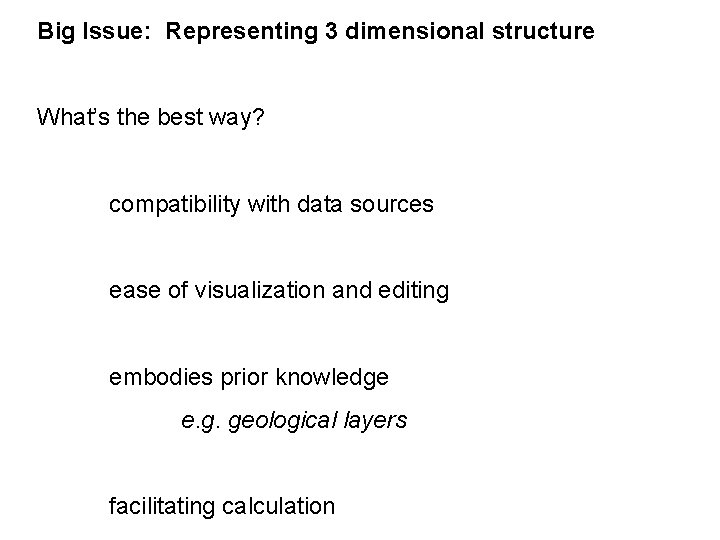 Big Issue: Representing 3 dimensional structure What’s the best way? compatibility with data sources