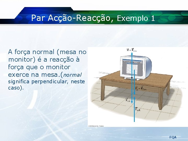 Par Acção-Reacção, Exemplo 1 A força normal (mesa no monitor) é a reacção à Par Acção-Reacção, Exemplo 1 A força normal (mesa no monitor) é a reacção à