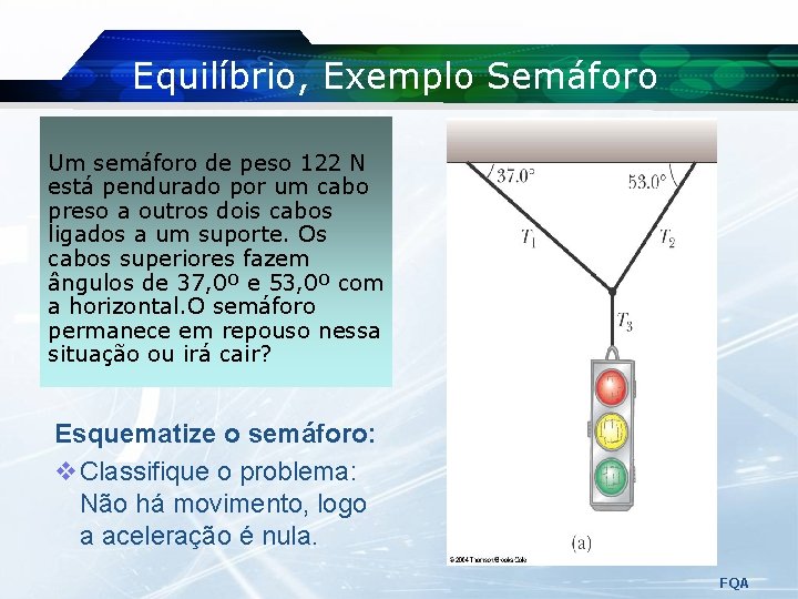 Equilíbrio, Exemplo Semáforo Um semáforo de peso 122 N está pendurado por um cabo Equilíbrio, Exemplo Semáforo Um semáforo de peso 122 N está pendurado por um cabo