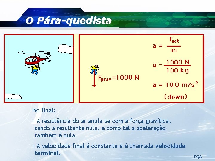 O Pára-quedista No final: - A resistência do ar anula-se com a força gravítica, O Pára-quedista No final: - A resistência do ar anula-se com a força gravítica,