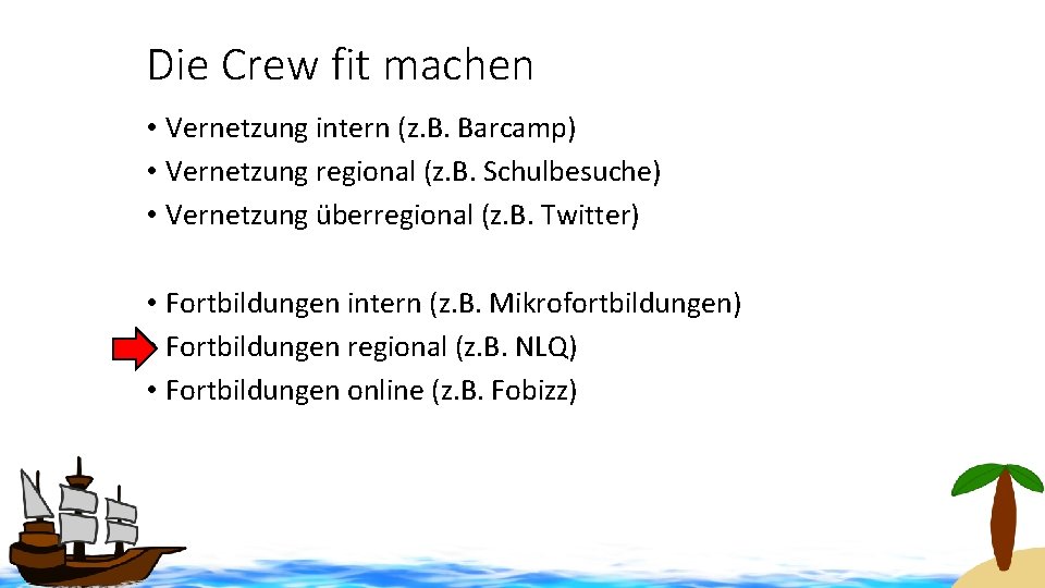 Die Crew fit machen • Vernetzung intern (z. B. Barcamp) • Vernetzung regional (z.