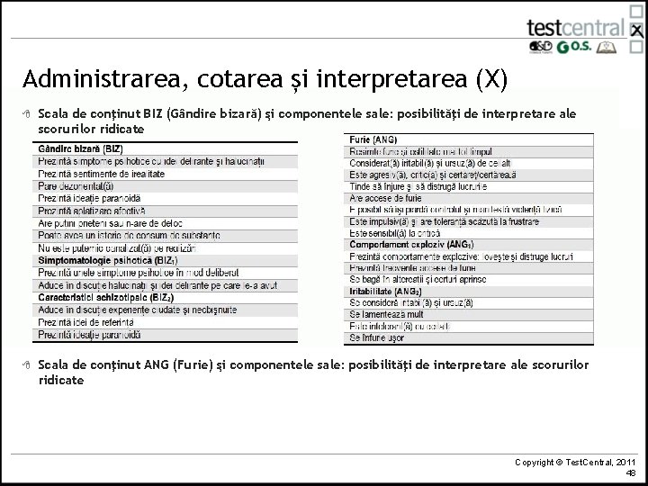 Administrarea, cotarea și interpretarea (X) 8 Scala de conţinut BIZ (Gândire bizară) şi componentele Administrarea, cotarea și interpretarea (X) 8 Scala de conţinut BIZ (Gândire bizară) şi componentele