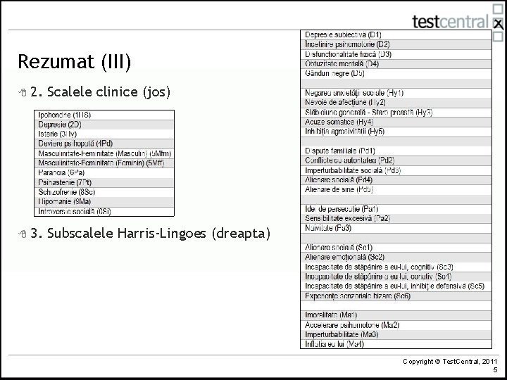 Rezumat (III) 8 2. Scalele clinice (jos) 8 3. Subscalele Harris-Lingoes (dreapta) Copyright © Rezumat (III) 8 2. Scalele clinice (jos) 8 3. Subscalele Harris-Lingoes (dreapta) Copyright ©