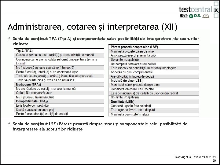 Administrarea, cotarea și interpretarea (XII) 8 Scala de conţinut TPA (Tip A) şi componentele Administrarea, cotarea și interpretarea (XII) 8 Scala de conţinut TPA (Tip A) şi componentele