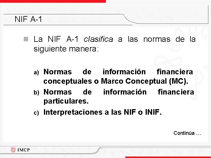 NIF A-1 n La NIF A-1 clasifica a las normas de la siguiente manera: