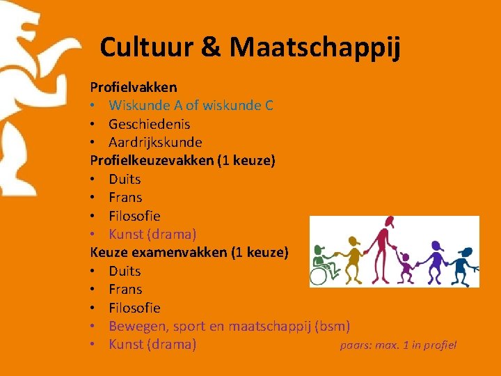 Cultuur & Maatschappij Profielvakken • Wiskunde A of wiskunde C • Geschiedenis • Aardrijkskunde